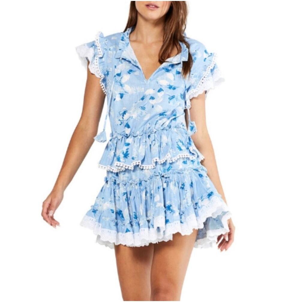 MISA Dress Womens XS Blue Lilian Wildflower Linen Blend Mini Tiered Cottage Lace
